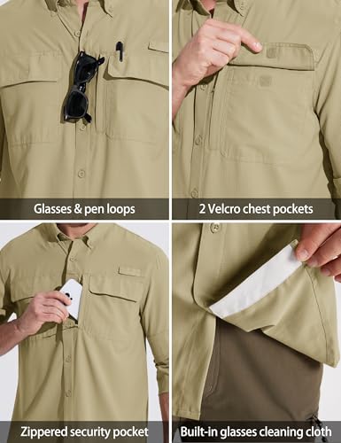 MAGCOMSEN Men's Sun Protection Fishing Shirts Long Sleeve UPF 50+ Quick Dry Cooling Button Down Shirt for Hiking Safari - color: Light Khaki, size: Medium