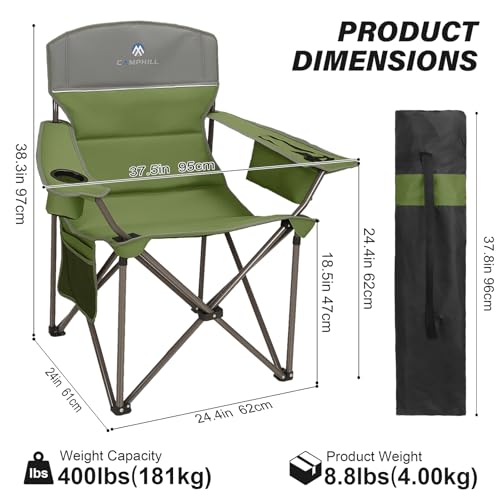 Oversized Camping Chairs 2 Pack - Heavy Duty 400LBS Padded Lawn Chair with Cooler Bag,Cup Holder,Side Pocket,Collapsible for Outdoor,Camp,Fishing & Garden,Olive Green - color: Olive Green