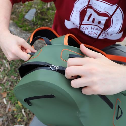 YakAttack 28L DryPak Waterproof Backpack with 2 Attachable Fishing Rod Holders – Green/Orange | Floating Marine Dry Bag Pack with Padded Straps | Lightweight Hiking & Kayaking Gear & Storage Drybag - color: Green/Orange, style: Drypak With Tether Tubes