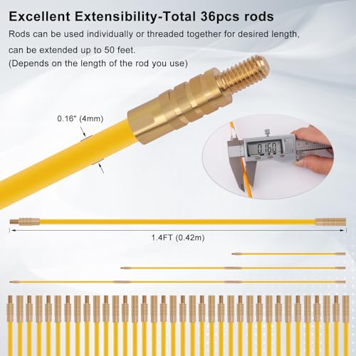 50FT Fiberglass Running Electrical Wire Cable Pulling Fish Tape kit in a Carrying Case Through Wall Cable Snake Rods Electrical Tools Kit with different attachments - size: 50FT-36 Rods