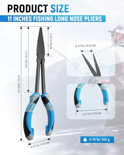 11" Long Nose Fishing Pliers, Straight & Bent Jaws, PTFE Coated Corrosion Resistant, Hook Remover & Braid Cutter Fishing Needle Nose Pliers, Saltwater Freshwater Gear for Bass Snook Trout - color: Red - Curved Needle Nose Pliers