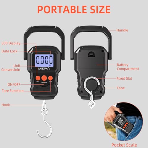 MEIYA Digital Fish Scale with Backlit LCD Display Up to 110lb/50kg for Anglers, Accurate Luggage Scale for Travel, Outdoor, Home Use, Includes 2 AAA Batteries and Hook, Essential Fishing Gear