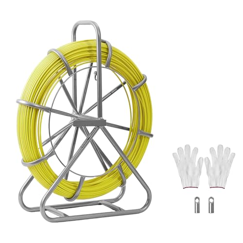VEVOR Fish Tape Fiberglass, Duct Rodder Fishtape Wire Puller with Stand, 1/4-Inch Cable Running Rod, Marked Every 5 Feet, Fishing Tools for Walls and Electrical Conduit, Non-Conductive - size: 27.17 x 8.27 x 31.50 in / 690 x 210 x 800 mm