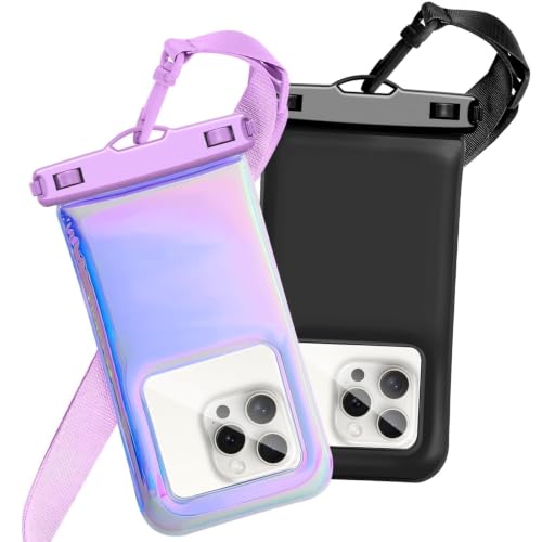 Floatable Waterproof Phone Pouch Case 2 pax for iPhone 17 16 Pro Max/15/14/13/12,IP68 Travel Cellphone Dry Bag Beach Cruise Ship Essentials Bags with Crossbody Lanyard, Iridescent Purple and Black-7″ - color: A09-Iridescent Purple and Black