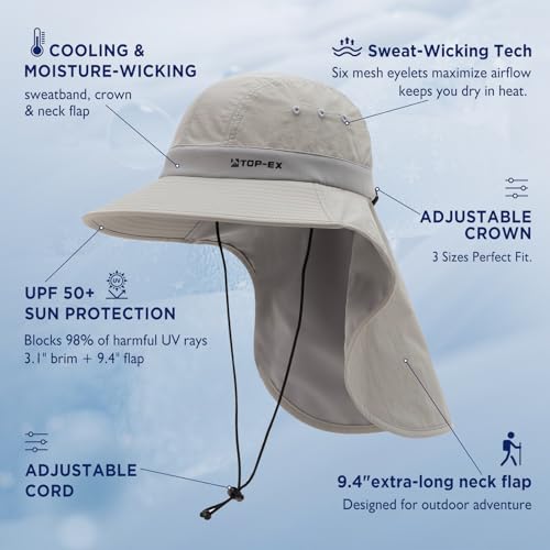 TOP-EX Cooling Sun Hat with Neck Flap – UPF 50+ Wide Brim Breathable Hat for Hiking, Fishing & Big Heads - color: Light Grey, size: Medium