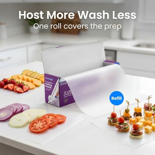 Disposable Cutting Board Sheets with Built-In Sliding Cutter - Flexible Plastic Cutting Boards for Kitchen Meal Prep, Camping, Travel, Tailgating & Commercial Use