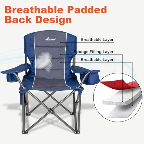 Romswi Oversized Camping Chairs,Heavy Duty Support 500 LBS,Padded Back & Arm Sport Chairs, Cup Holder Cooler Bag, Collapsible Folding Chairs for Outdoor, Fishing & Garden, Blue,2-Pack - color: Blue, style: XL Large