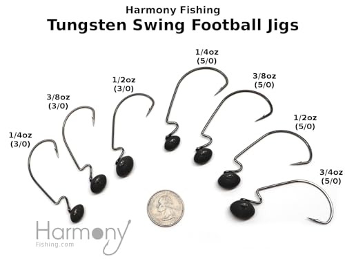 Harmony Fishing - Tungsten Swing Football Jigs [Pack of 3 w/ 10 Bait Pegs] (Swinging Football/Rugby jigs with Hooks for bass Fishing) - size: 3/4 oz, 5/0 Hook (3 Pack)