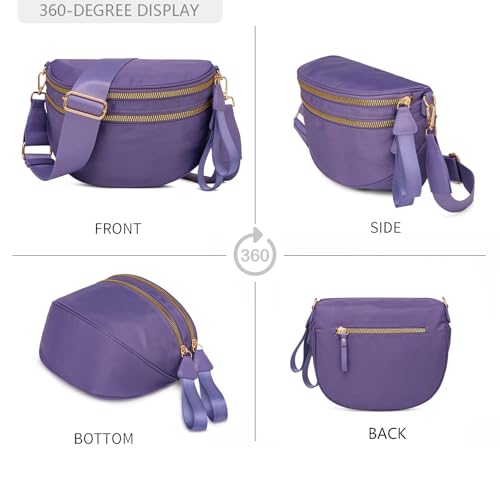 Pure Colour Crossbody Bum Bags for Women Spacious Checkered Cross body Bag Nylon Trendy Fanny Pack for Travel - color: Cloudy Purple