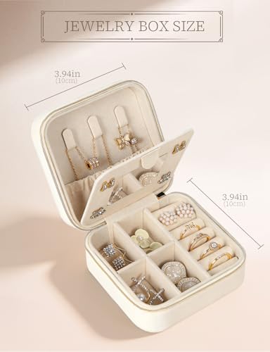 MFXIP Plush Velvet Travel Jewelry Case Small Jewelry Box Jewelry Organizer Storage Case Portable Jewelry Travel Case for Girls Womens Earring, Necklace, Rings,Bracelets with Mirror - color: Beige