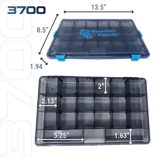 Reaction Tackle Standard Tackle Trays, Plastic Tackle Box Organizers with Four Secure Latches, Removable Dividers and Semi Transparent Lid for Fishing Storage - 3700 (2-Pack) - size: 3700 (2-Pack)