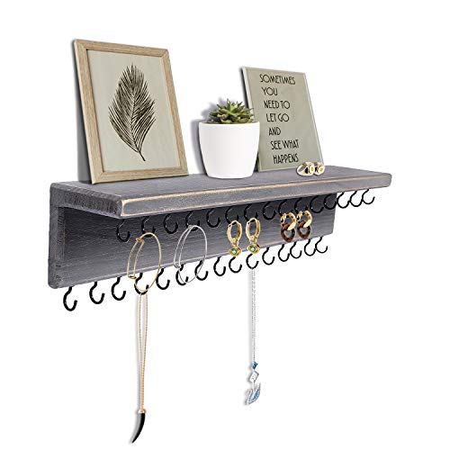 SANY DAYO HOME Jewelry Organizer with 30 Hooks and Cosmetics Shelf, 15 x 3 x 4 inches Wall Mounted Rustic Pine Wood Holder for Necklaces and Bracelets, Suitable for Kids and Adults (Gray) - color: 30 Hooks Grey