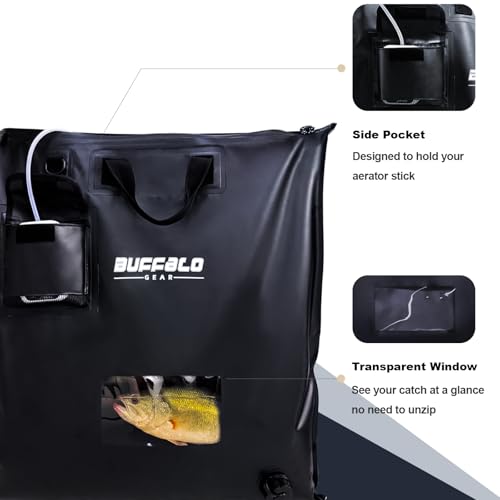 Buffalo Gear Fish Tournament Weigh in Bag for Bass Fishing, Heavy Duty Fish Bag for Caught Fish Waterproof,Leakproof,Puncture Resistant - color: Black-25×23in Upgraded