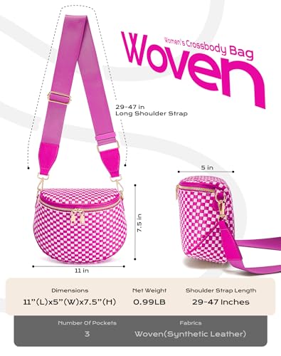 Trendy Woven Checkered Crossbody Bum Bag for Women，PU Leather Checkered Purse Fanny Packs Belt Bag (Woven Bum Bag - Rose White) - color: Woven Bum Bag - Rose White