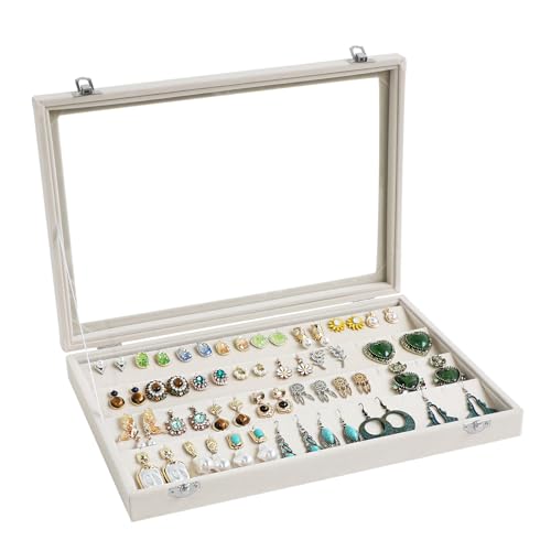 Wudygirl Jewelry Organizer Velvet Earring Organizer with Clear Lid 32 Pairs Earring Holder Jewelry Tray Display Case (Beige 64 Slot) - color: Beige, size: Earring