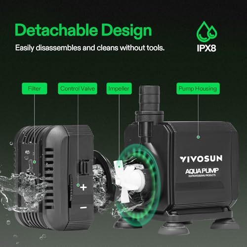 VIVOSUN 400GPH Submersible Pump(1500L/H, 15W), Ultra Quiet Water Pump with 5.2ft High Lift, Fountain Pump with 5ft Power Cord, 3 Nozzles for Fish Tank, Pond, Aquarium, Statuary, Hydroponics - size: 5"×4"-400