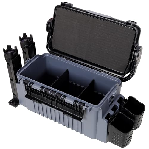 Dual-layer Fishing Tackle Box, Tackle Box Organizer Fishing Box Large, Plastic Portable Tackle Storage Box with 2pcs Rod Holder, 2pcs Cup Holder, 1pc Carring Strap - color: Gray