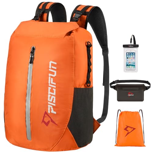 Piscifun Dry Bag Waterproof, Lightweight Dry Backpack Roll-Top Sealed with Waist Pouch and Phone Case Keeps Gear Dry Inside for Kayaking, Boating - color: Orange, size: 30L