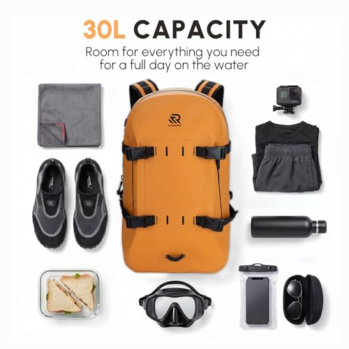 Premium IPX7 Airtight Waterproof Backpack for Kayaking Orange | Boating, Paddle Boarding, Fishing, 30L with Resin Zipper, Rugged Gear Protection Submersible Backpack, Water Sports, Surfing - color: Orange