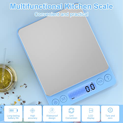 Digital Food Scale for Food Ounces and Grams，YONCON 3000g/0.1g Accuracy Multifunctional Kitchen Scale for Cooking, Baking | Small Size for Easy Storage | 2 Trays，Tare Function - color: Blue