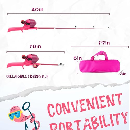 Kids Fishing Pole, Telescopic Fishing Rod, Toddler Collapsible Fishing Rod and Reel Combo with Tackle Box, Fishing Line, Bobber, and Soft Lures for Boy, Girl, Youth, Beginner, Over 4 Years Old - color: pink+pink