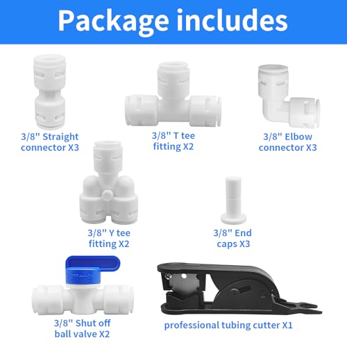 3/8" Quick Connect Push-to-Connect Water Line Fittings Kit | For RO/DI Water Filter, Refrigerator, Ice Maker, Ball Valve + T + L + Y + I, Professional Tubing Cutter, 16 Pcs - size: 3/8 inch,16Pcs