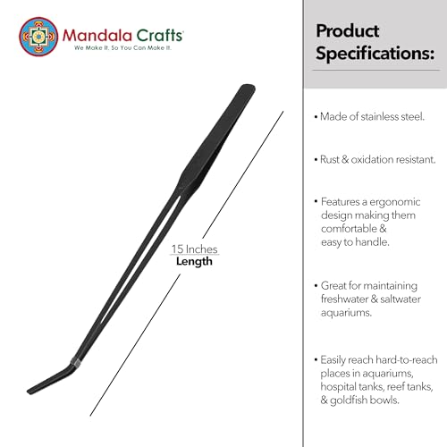 Mandala Crafts Black Curved Aquarium Tweezers for Fish Tanks | 15 Inch Forceps, Rust Resistant Stainless Steel, Trimming Aquatic Plants, Bowls, Terrariums, Freshwater & Saltwater Aquascape - color: Black Curved Tweezers, size: 15 Inches