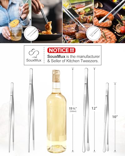 2 Pcs 12-inch Cooking Tweezers Tongs Precision Serrated Tips, Stainless Steel Professional Chef Tweezer Kitchen Tools for BBQ, Plating and Serving（Silver） - color: Silver, size: 12inch