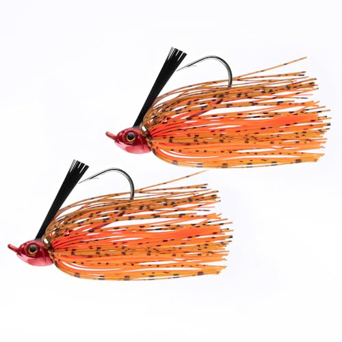 Dr.Fish 2 Pack Swim Jigs Weedless Bass Fishing Jigs Hook Lures with Reinforced Weed Guard Fish Head Swimbait Silicone Skirt Pike Walleye Muskie Freshwater Lures - color: Hot Craw, size: 3/8oz