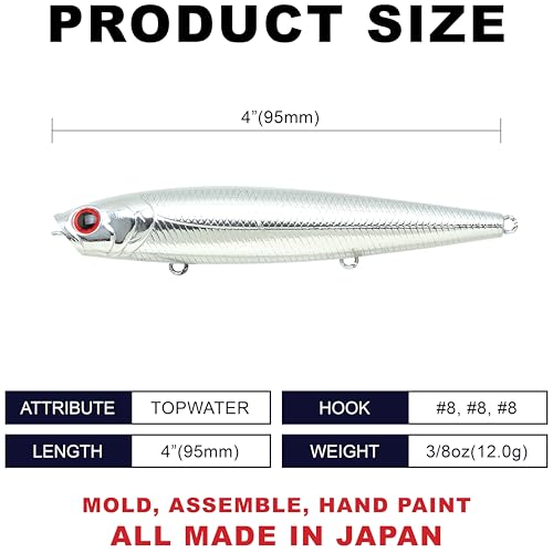 LUCKY CRAFT Gunfish 95 3 Hook Freshwater Fishing Lures and Bait for Bass Fish, Topwater Fish Line, Surface Bait with Treble Hooks, Fishing Gear for Tackle Box - color: 074 Chrome