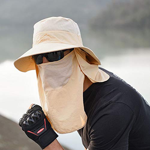 Fishing Hat for Men & Women, Outdoor UV Sun Protection Wide Brim Hat with Face Cover & Neck Flap - color: Khaki
