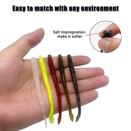 Worm Soft Plastic Bait Kit 100PCS 4 inch Worms Fishing Lures 100PCS O-Rings and Wacky Rig Tool Fishing Worms for Bass