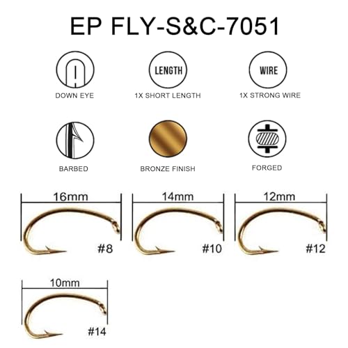 Eupheng Fly Fishing Hooks 100pc Pack Micro Barbed High Carbon Steel Bronze Forged for Dry Flies, Curved Nymphs, Shrimp,Caddis Pupa - color: EP FLY-S&C-7051, size: #14