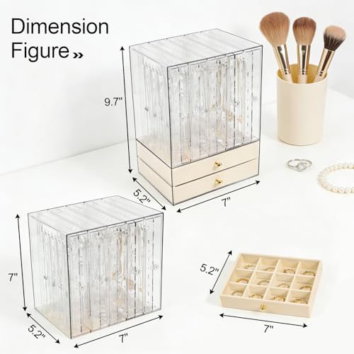 Greenfeather Jewelry Organizers and Storage, Clear Acrylic Jewelry Box with 40 Necklace Hooks 120 Pairs of Earring Holes 2 Velvet-Lined Drawers for Rings Necklaces Earrings - color: Off-White-Style A