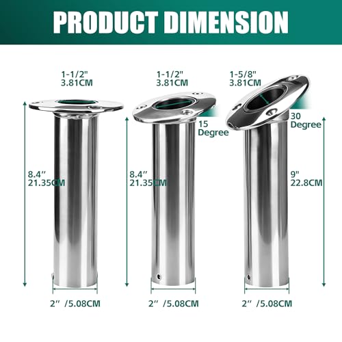 2 Pack Fishing Rod Holders for Boat, 316 Stainless Steel, 3 Angles (15°/30°/90°) Flush Mount, Heavy Duty Saltwater Corrosion Resistant with Thickened Nylon Nesting & Stopper Pin - style: 15 Degree