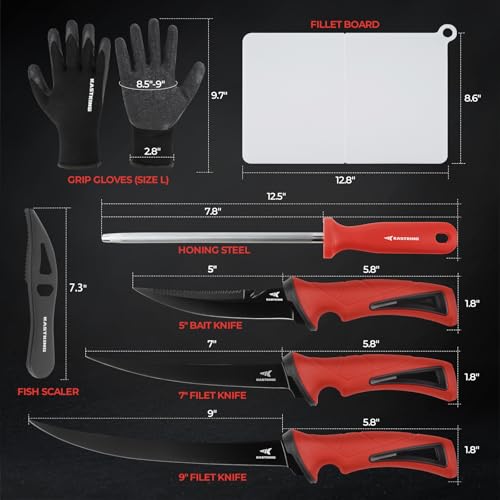 KastKing Intimidator Fillet Knife Set – G4116 German Stainless-Steel Blades, Non-Slip Handle, Includes Folding Fillet Board, Fish Scaler, Rubber-Coated Gloves, Honing Rod, and Durable Storage Bag, Fishing Gear and Gifts for Men - color: Fish Cleaning Kit