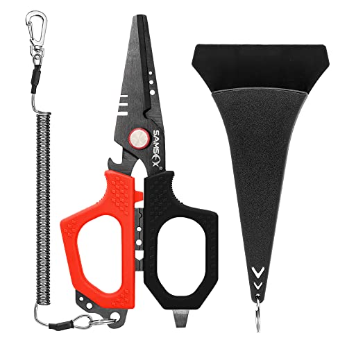 SAMSFX 6.5" Pro Fishing Shears Dual Serrated Blades, Fishing Braided Line Scissors with Titanium Coating, Non-Slip Grip & Multifunction Tool, Includes Hard Molded Locking Sheath & Coiled Lanyard - color: A: Red & Black Kraton Handle, Hard Sheath