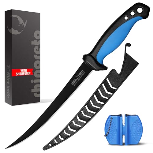 Rhinoreto Fillet Knife for Fish - Razor Sharp G4116 German Stainless Steel Blade, 7 Inch Professional Filleting & Boning Knife with Non-Slip Handle, Protective Sheath & Sharpener - color: Blue, size: 7"