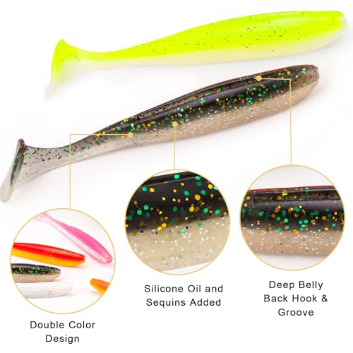 30pcs Soft Plastic Fishing Lures Paddle Tail Swimbaits Soft Baits Lure for Bass Crappie Trout Shad Freshwater Saltwater Fishing Mixed 3.5 Inch 4.7 Inch Swim Bait Kit with Box - color: White, Black, Pink, Orange, Yellow *6