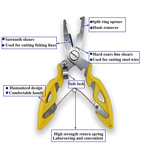 Pack of 201pcs Fishing Stainless Steel Split Rings 5 Sizes and Plier Set, Split Ring Capable of withstanding Large tensile Force and Fishing Plier Tool Kit for Saltwater Fishing Lure Connectors… - color: Yellow