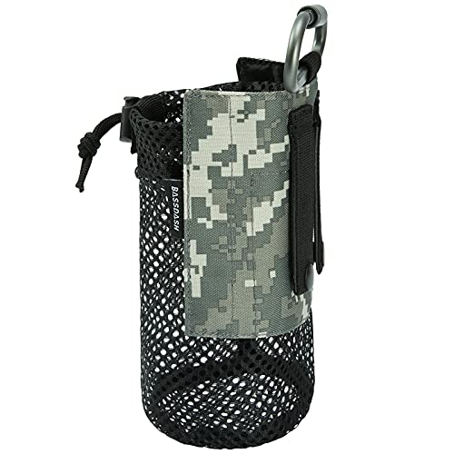 BASSDASH Tactical Molle Water Bottle Pouch with Carabiner Foldable Mesh Holder Bag for Travel Fishing Hunting Hiking Outdoor Activities - color: Jungle Camo with Molle Straps