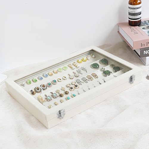 Wudygirl Jewelry Organizer Velvet Earring Organizer with Clear Lid 32 Pairs Earring Holder Jewelry Tray Display Case (Beige 64 Slot) - color: Beige, size: Earring