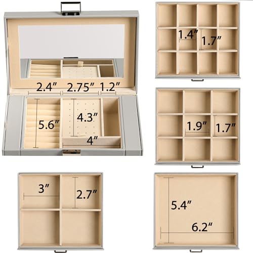 Frebeauty 5-layer Jewelry Box,Faux Leather Jewelry Organizer with 4 Drawers,Jewelry Organizers and Storage with Mirror,Jewelry Holder Organizer for Necklace,Jewerly Boxes for Women Girls(Grey) - color: Grey, size: Medium