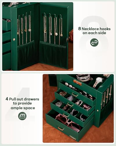 Homde Synthetic Leather Huge Jewelry Box Mirrored Watch Organizer Necklace Ring Earring Storage Lockable Gift Case (Forest Green + Gold) - color: Forest Green + Gold