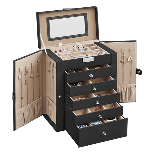 SONGMICS 6-Layer Jewelry Box Organizer with 5 Drawers, Jewelry Storage Case with Lock and Mirror, Large Storage Capacity, Gift for Loved Ones, for Necklaces, Watches, Black UJBC152B01 - color: Black, size: 6 Tier