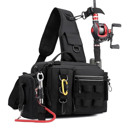 Fishing Tackle Storage Bag – Sling Waist Pack with Adjustable Widen Shoulder Straps, 12 Compartments for Fishing Gear, Lures, Hooks & Accessories Durable & Lightweight for Outdoor Anglers, Black