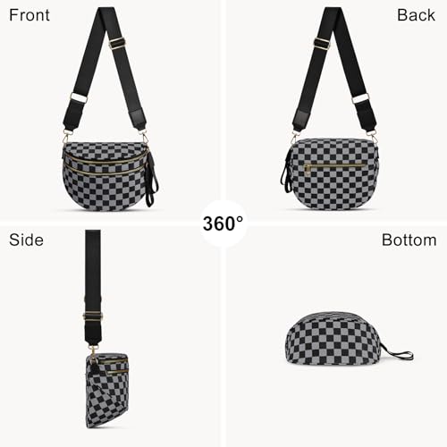 Checkered Nylon Crossbody Bag Bum Bag for Women Mom Large Checkered Fanny Packs with Adjustable Strap - color: Dark Gray Checkered