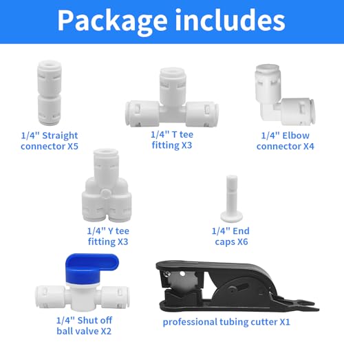 1/4" Quick Connect Push-to-Connect Water Line Fittings Kit for RO/DI Water Filter, Refrigerator, Ice Maker (Ball Valve + T + L + Y + I + Professional Tubing Cutter, 24 Pcs) - size: 1/4 inch,24Pcs