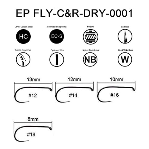 Eupheng Fly Fishing Hooks 100pc Pack Barbless Catch & Release Dry Wet Nymph Shrimp&Pupa, Streamer, Caddis, Jig, Scud Flies Fishing Hooks - color: EP Fly-C&R-DRY-0001, size: #16