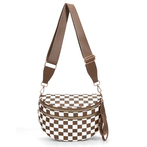 Checkered Crossbody Bum Bags for Women Nylon Checkered Purse Checkerboard Fanny Pack - color: A03-caramel